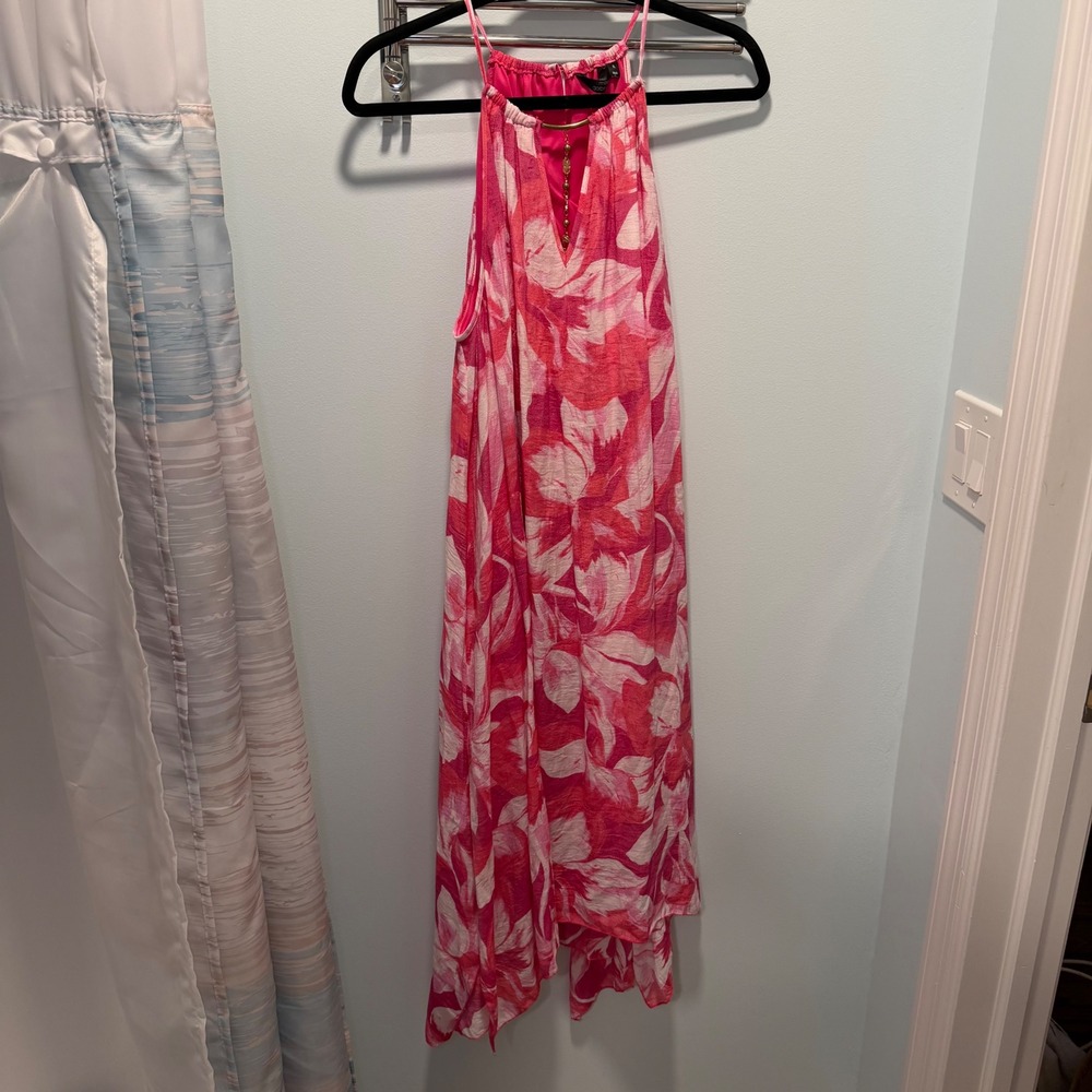 Mlle Gabrielle Halter Dress Pink XL Tropical Floral Boho Vacation Summer